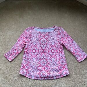 Charter Club Pink & White Baroque T Shirt w/ 3/4 Sleeves - L - EUC - Pima Cotton